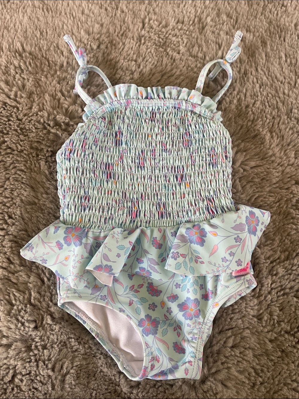 Ruffle Butts Baby Girl Blue Floral Ruffle One-Piece Swimsuit Sz 6/12M